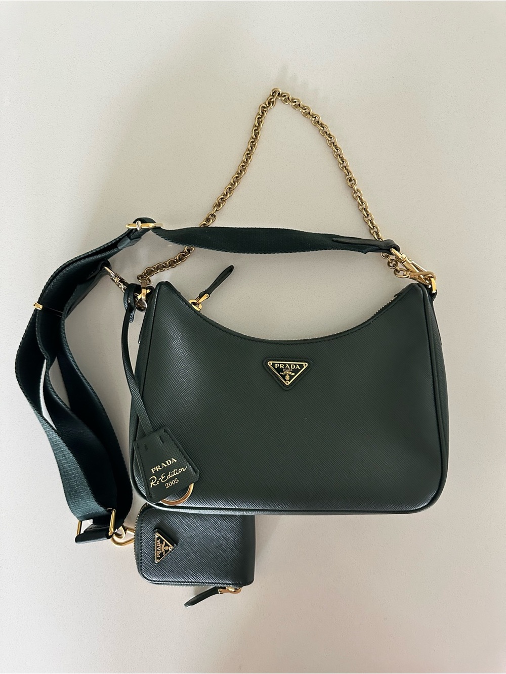 Prada Dark Green Saffiano Leather Shoulder Bag with Gold Hardware